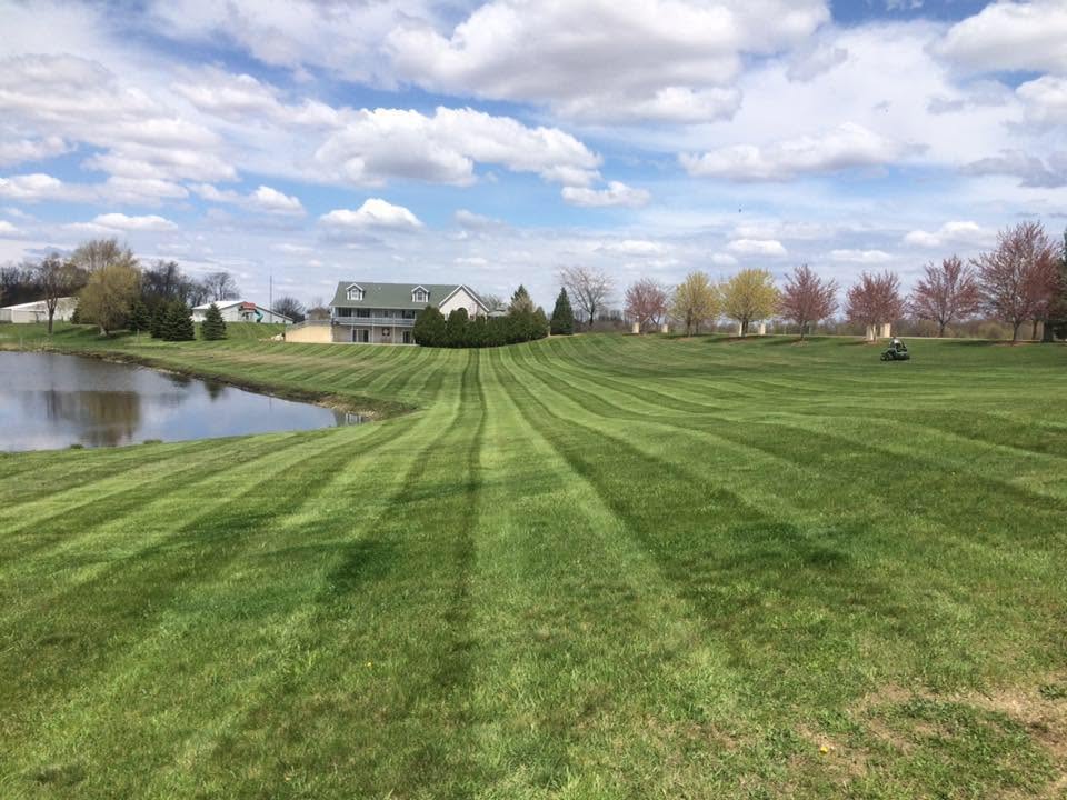A large freshly striped lawn mowed by Jay's Lawn Service in Angola, Indiana